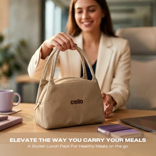 Image of CELLO Alba Glass Lunch Box with Bag for Office Use, Beige | 2 x 320ml Square + 2 x 240ml Round Microwave Safe Containers with Spoon & Fork, Fridge Safe Leak Proof Airtight Tiffin Box Set for Travel
