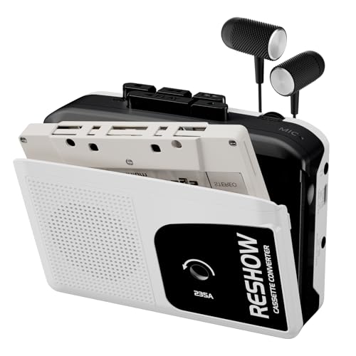 Reshow Portable Cassette Tape Player with Built-in Speaker and Headphone Jack, USB C Cassette to MP3 Converter, Reverse Recording to Tape, Cassette Tape Recorder, Full Stereo Sound-White