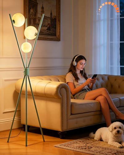 Image of Lightdot Dimmable Green Tripod Floor Lamp, Mid Century Standing Lamps with 3 Globe Soft Warm White Eye Care 3000K Bulbs Included, Modern Tall Lamp for Living Room /Bedroom /Sofa Beside /Corner Decor
