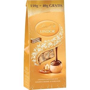 Lindt Schokolade | LINDOR Beutel Golden Caramel & Haselnuss | 150g Beutel | 10 Kugeln in feiner Vollmilch-Schokolade mit zartschmelzender Caramel & Haselnuss Füllung | Schokoladen-Geschenk