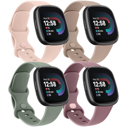 4 PACK Bands For Fitbit Versa 4/ Versa 3/Sense 2/Sense Band Women Men, Classic Soft Silicone Straps for Fitbit Versa 4 / Versa 3 Smart Watch