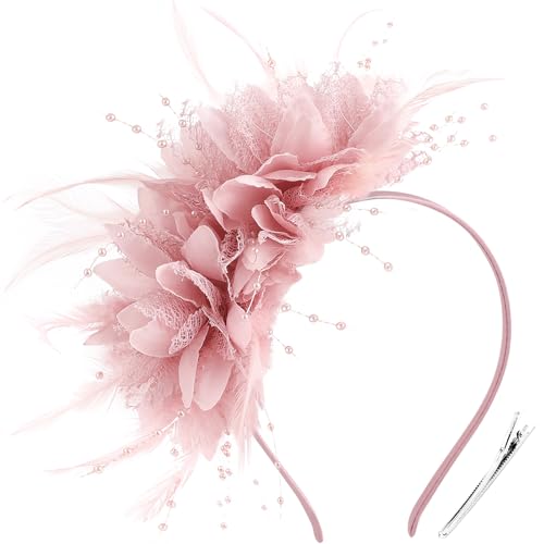 Image of DRESHOW Womens Fascinators Hats Tea Party Hats for Women Pearl Lace Feather Hat Vintage Derby Hats for Wedding Cocktail