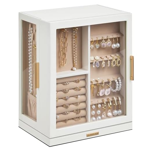Glimmloop 360° Rotating Jewelry Box with 5 Drawers, Spacious Vertical Jewelry Organizer with Glass Window, Jewelry Storage Case, Dustproof & Moisture-resistant Design, White