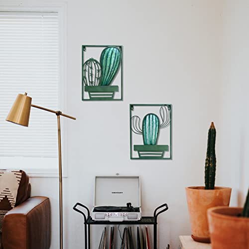 Liffy Metal Glass Cactus Wall Decor, Green Plant Cactus Wall Art Hanging Sculpture Modern Artwork For Office Home Living Room Bathroom Bedroom Kitchen Farmhouse Decoration, Set Of 2 #TOP4