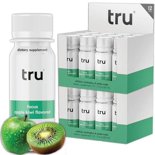 Image of Tru Focus Shot, Apple Kiwi Flavored Extra Strength Energy Shots - Zero Sugar Nootropic Drink plus Adaptogens, Choline, and Yerba Mate - Natural Caffeine, GF, Keto, Vegan Supplement, 2oz (Pack of 24)