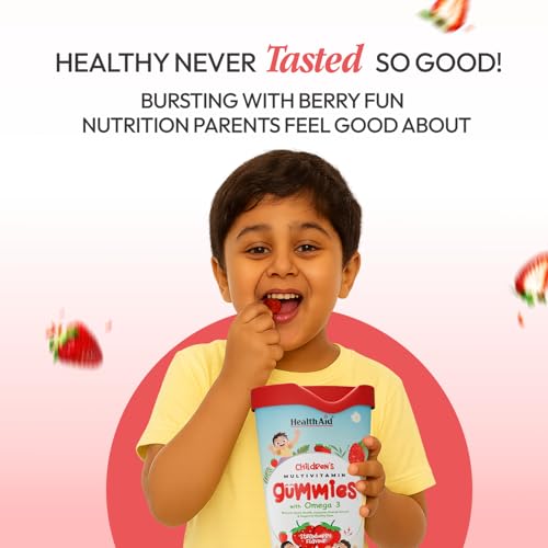 Image of HealthAId Children's Multivitamin Gummies - Sugar-Free Fiber & Omega 3 | Supports Brain & Eye Health, Immunity, Digestion, Daily Wellness | 24 Essential Nutrients with Iron, Vitamins C, A, B, D | Natural Berry & Strawberry Flavor | Dairy & Soy Free - 60 Gummies