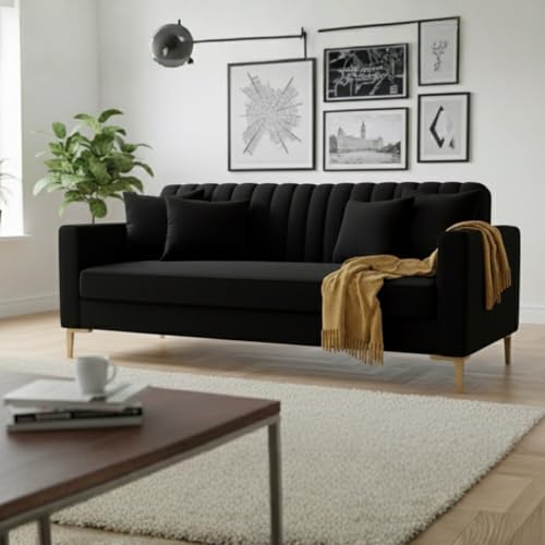 Image of 3 Seater Velum Fabric Sofa Set for Living Room, Modern Design with High Density Foam, Solid Wood Frame, Ergonomic Comfortable Seating for Home & Office (Black, 3 Seater) | Soft foam comfort