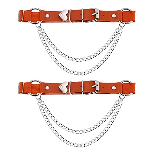 Ligueros de cuero para mujer y niña, anillo de pierna, anillo de pierna, cadena punk, elástico para muslo, ligas ajustables 2 unidades, naranja/fiesta de bloques, Talla Única