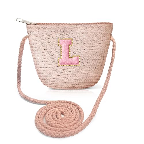 Bolsa transversal de palha para mulheres bolsas de verão iniciais feitas à mão bolsa de praia tecida para viagens férias presentes de aniversário personalizados, Rosa-pequena-l
