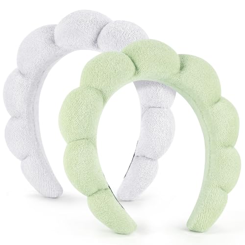 Spa Headbands for Women Ladies- Puffy Makeup Headband Combo Pack- Set of 2 Terry Towel Cloth Fabric Hair Bands for Washing Face(white+light green)