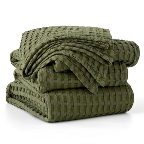 Image of Bedsure Cooling Cotton Waffle Oversized King Blanket - Lightweight Breathable Rayon Derived from Bamboo for Hot Sleepers, Luxury Throws for Bed and Sofa, Olive Green, 120x96 Inches