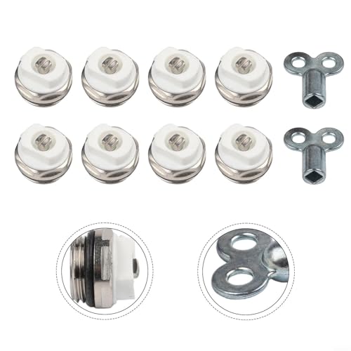 Juego de válvulas de purga de radiador con 8 válvulas y 2 llaves de purga para liberación manual de aire, válvulas de cobre para sistemas de calefacción compatibles con múltiples tamaños de tubería