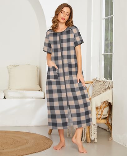 Image of Ekouaer Women Robe Zipper Short Sleeves Full Length House Coat with Pockets