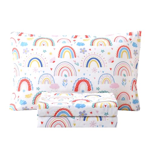 Vinogusto Twin Size Bed Sheets for Girls Kids - 3-Piece Rainbow Floral Bedding Set, Breathable Pink Cloud 3D Fitted Sheets with 14