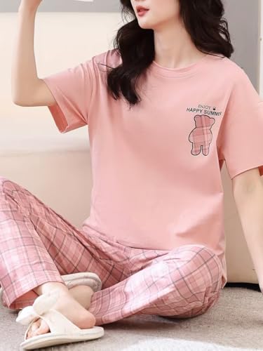 Image of SHIENZY Women Korean Style Night Suit | Round Neck Short Sleeve Cute Printed Cotton Pajama Set for Girls & Women | Soft Nightwear, Loungewear, Sleepwear for Women | Full Pyjama Set | Co-ord Set