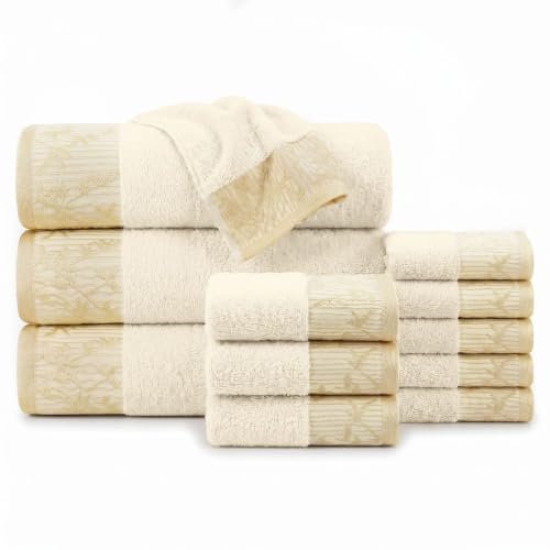 SUPERIOR Wisteria Cotton 12pc Towel Set, Bathroom Towels, Ivory