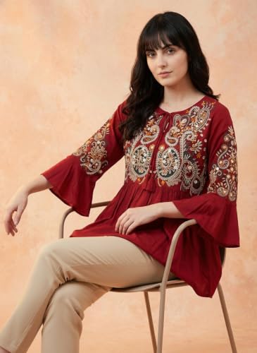 Image of Bee M Pee Designer Women's Short Kurti Navy Embroidered Viscose Rayon Tunic Tops