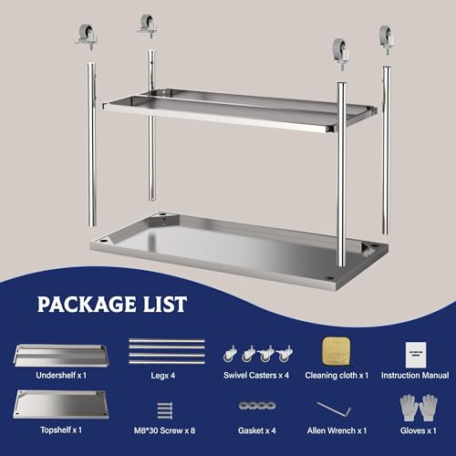 Image of Garvee Stainless Steel Table, 60 inch x 24 inch NSF 2 Tier Prep Table with Lockable Wheels & Adjustable Under Shelf, Heavy Duty Commercial Worktable for Restaurant, Home, Kitchen, Indoor, Outdoor