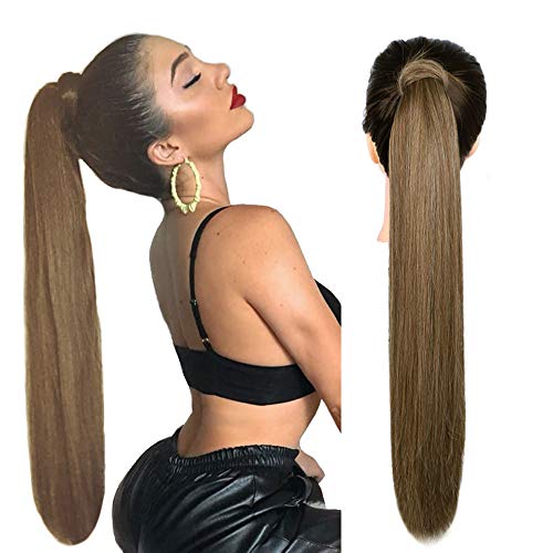 AISI QUEENS Drawstring Ponytail Extension for Women Long Wavy Drawstring Ponytail Extension 22 Inch Synthetic Clip in Ponytail Hair Extension Soft Daily Use. (dark Brown mix Honey Blonde)