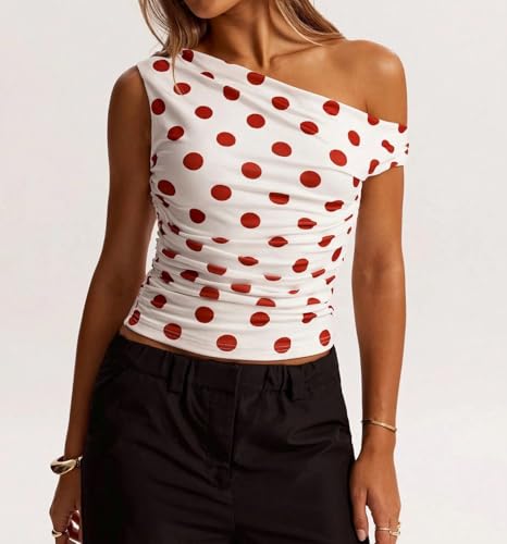 Women Y2k Vintage Polka Dot Asymmetrical Off Shoulder Ruched Crop Tank Tops Slim Fitted Sleeveless Cute Shirts3