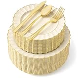 125 Pack Ivory and Gold Scalloped Plastic Dinnerware Set, 25 Place Settings with Plates, Forks, Spoons and Knives, Heavy Duty Gold Rimmed Set for Holiday Dinners and Parties