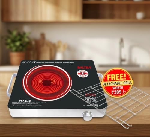 Image of BALTRA Magic 2400 W Infrared Induction Cooktop with Free Stainless Steel Grill for barbecue | Auto Shut Off & Overheat Protection Multi Power Level Function, Digital Display (Black, Touch Control)