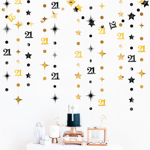 Image of Black Gold 21st Birthday Decorations Number 21 Circle Dot Twinkle Star Garland Hanging Streamer Banner Backdrop for Girls Boys Cheers to 21 Years Finally Legal Bday 21st Anniversary Party Supplies