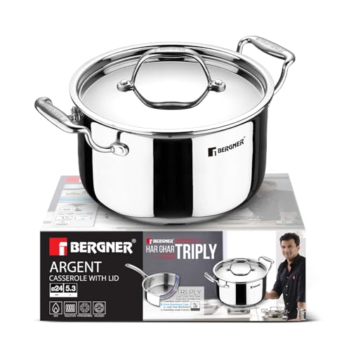 Bergner Argent Triply Stainless Steel 24cm Casserole with Stainle...