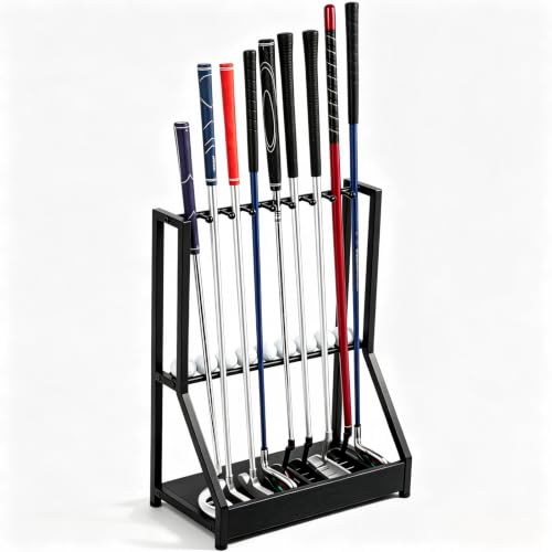 Xnwouco Golf Club Holder for 9 Clubs & 9 Balls, Solid Wood & Iron Golf Organizer, Golf Putter Holder Floor Stand, Golf Club Stand Suitable for Golf Simulators｜Golf Course Accessories