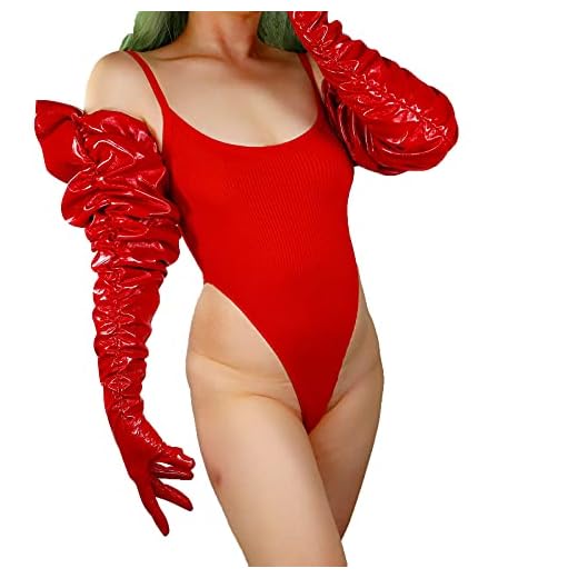 DooWay Women EXTRA LONG Leather Gloves Shiny Red Ruched Long Sleeve 40" Faux Patent Leather PU Costume Cosplay Unisex