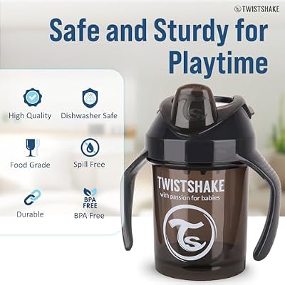 Twistshake Non-Spill Mini Baby Sippy Cup with Soft Spout and Fruit Mixer - 230ml | Leak Proof Baby Weaning Cup | Easy-Grip Toddler Cups | BPA-Free Sippy Cups for Toddlers 1-3 year | Black - 1 Count