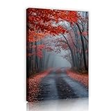 自然秋の風景キャンバスウォールアートプリントミストレッドメープルフォレストロードペインティングポスターリビングルームベッドルームホームデコレーション写真55x80cmインナーフレーム