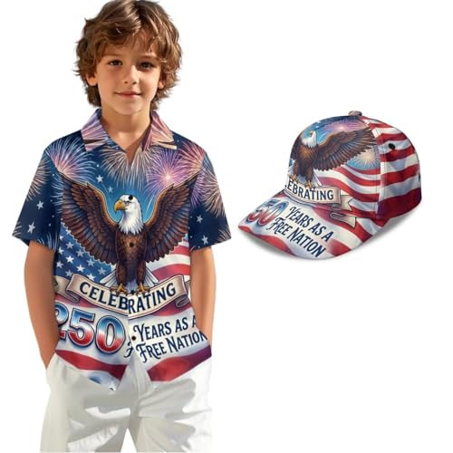 HUIACONG Boys Retro USA Flag Shirt and Baseball Cap 4th of July 2 Pcs Outfit Set Short Sleeve Button Down Look with Adjustable Hat for Patriotic Parades
