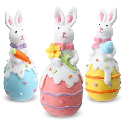 Wesiti 3 Pcs Easter Bunny Decorations Resin Easter Egg Figurines Spring Easter Rabbit Egg Flower Carrot Tabletop Decor for Easter Party Gifts Indoor Centerpieces Decorations