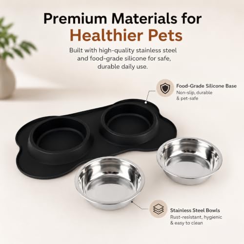 Image of Dog Bone Shaped Stainless Steel Pet Bowl Combo with Non-Slip Silicone Base | Double Feeding Bowl for Food and Water for Dogs, Puppies & Cats (700ml Bowl Each)