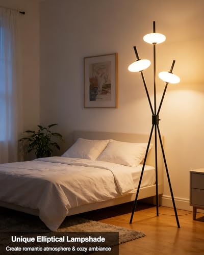 Image of Lightdot Tripod Floor Lamp Stepless Dimmable Black Standing Tall Lamps with 3PCS Elliptical Lampshades Mid Century Modern Floor Lamps for Living Room /Bedroom /Sofa Beside /Corner Decor