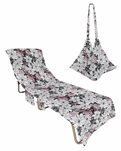 Red White Spring Floral Beach Lounge Chair Towel Cover, Soft Chaise Lounge Towel with Side Pockets Patio Pool Chairs Cover for Beach/Pool Sunbathing 29x85 Summer Botanical Classic Black