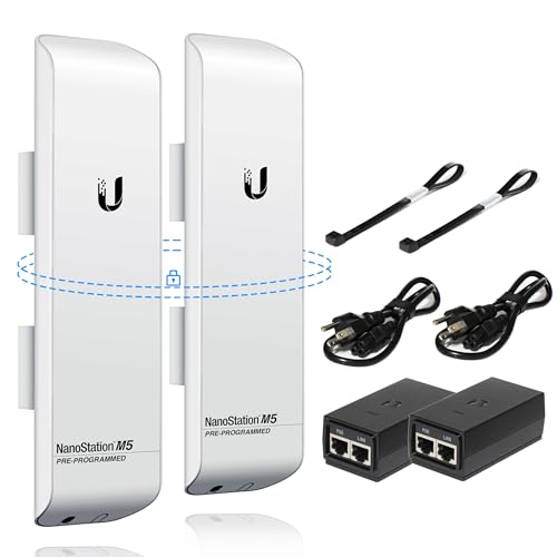 Wireless Bridge Ubiquiti NanoStation M5 PRE-CONFIGURED Bundle of 2 Ubiquiti airMAX NSM5-US, Point to Point Outdoor WiFi Bridge, Plugh and Play, 5GHz, 150+Mbps, 15+km Link Range, Network WiFi Bridge.