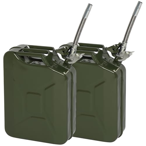 Bonnlo 2Pcs 20L Jerry Can Fuel Oil Storage Can Metal Petrol Diesel Tank with Flexi Spout For Diesel Petrol Oil Container (Green)