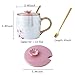 KEYIGOU 13.5oz Cherry Blossom Ceramic Mug with Lid Gold Spoon Pretty Tea Cup Coffee Mugs for Women Unique Sakura Gifts