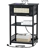 SZLHANJZ Nightstand with Charging Station, Rattan Side Table with Outlets, Modern End Table with Sto