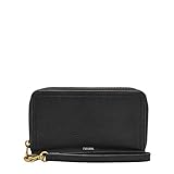 Fossil Women's Logan Leather Wallet RFID Blocking Mid Size Zip with Wristlet Strap, Black