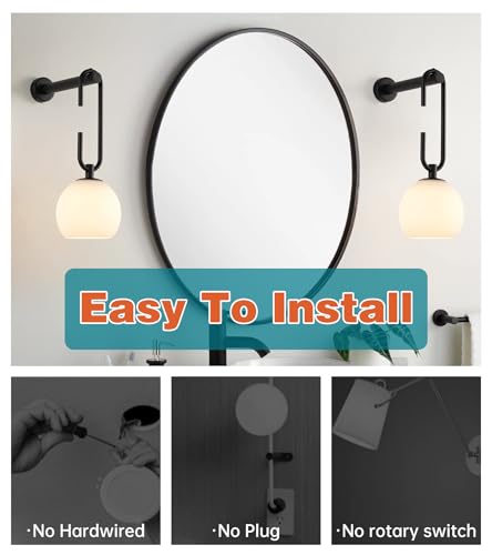 Image of Glass Globe Wall Sconces Set of 2, Battery Operated Wall Light with Remote, Indoor Wireless Wall Lights with Dimmable 12RGB Colors Light Bulbs for Bedroom Living Room Hallway(Black)
