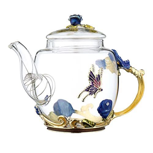 Safe Durable Floral Glass Teapot With Gold Leaves Edge Colourful Flower Pattern Floral Vintage Teapot Tea Party Set (Blue) #TOP1