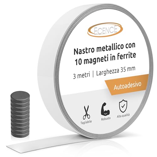 ECENCE Nastro metallico adesivo 3m x 35 mm - con 10 magneti in ferrite - Nastro ferro, Striscia in acciaio per appunti, foto, immagini, note