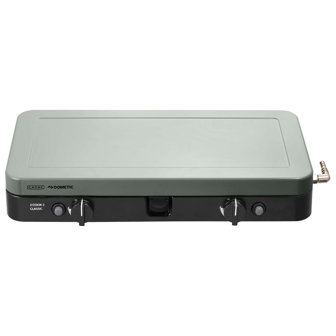 CADAC 2-Cook 3 Fornello da Campeggio Portatile - 30 mBar - Grill da Tavolo a 2 Fuochi con Accensione Piezoelettrica, Termocoppia di Sicurezza, Paravento e Borsa da Trasporto per Cucina all’Aperto