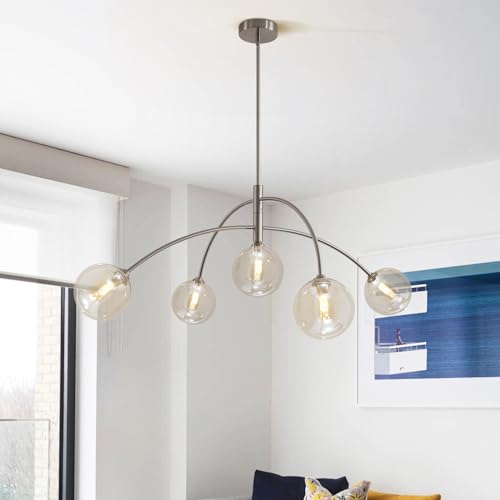 Image of Mid Century Modern Sputnik Chandelier with Glass Globe Cognac Shade Adjustable 5 Light Silver Chandelier for Dining Room Kitchen Bedroom