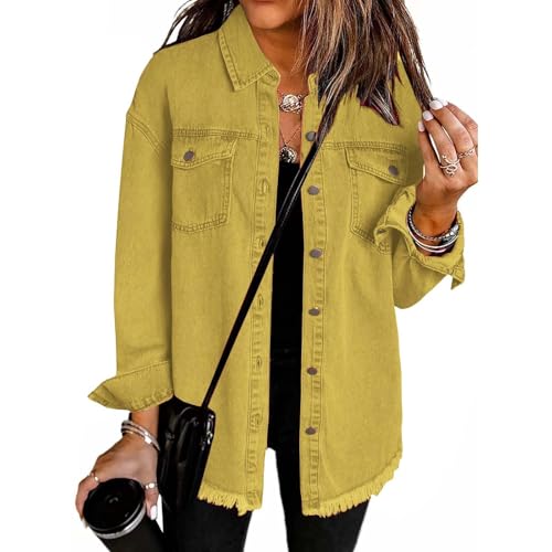 Denim Jacket for Women Oversized Button Down Frayed Hem Shacket lightweight Wash Lapel Long Sleeve Jean Jackets Coat