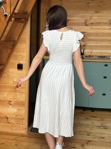 Image of Simplee Womens Striped Midi Summer Dress Linen Smocked Flutter Short Sleeve Dress Flowy Casual Dress with Pockets