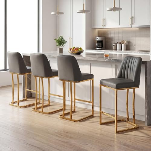 Image of LSSBOUGHT Counter Height Bar Stools Set of 4, Gray Counter Stools with Back and Gold Metal Frame,Modern Barstools with Footrest, Upholstered Pu Bar Chairs for Kitchen Island(4pcs,Dark Gray)
